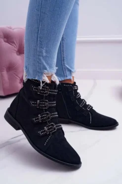 Damskie Botki Zamszowe Nity Klamry Czarne Berugio