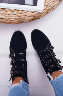 Damskie Botki Zamszowe Nity Klamry Czarne Berugio