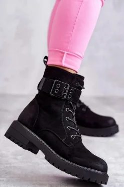 Damskie Botki Zamszowe Sznurowane Na Płaskim Obcasie Czarne Firmina