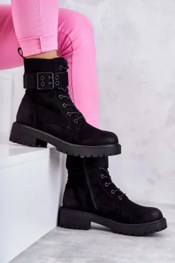 Damskie Botki Zamszowe Sznurowane Na Płaskim Obcasie Czarne Firmina