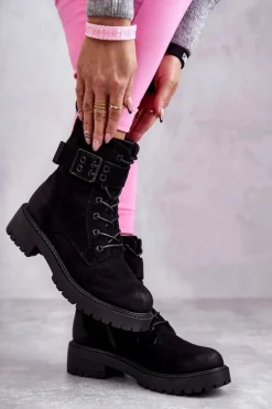 Damskie Botki Zamszowe Sznurowane Na Płaskim Obcasie Czarne Firmina