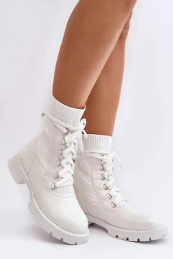 Damskie Botki Ze Skarpetą Sznurowane Białe Gentiana