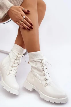 Damskie Botki Ze Skarpetą Sznurowane Białe Gentiana