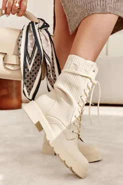 Damskie Botki Ze Skarpetą Na Płaskim Obcasie Beżowe Liam