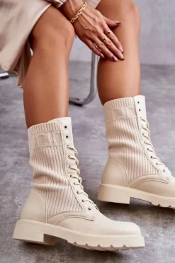 Damskie Botki Ze Skarpetą Na Płaskim Obcasie Beżowe Liam