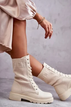 Damskie Botki Ze Skarpetą Na Płaskim Obcasie Beżowe Liam