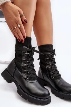 Damskie Botki Ze Skarpetą Sznurowane Czarne Gentiana