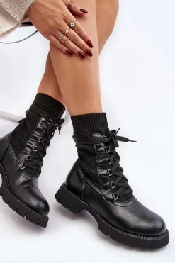 Damskie Botki Ze Skarpetą Sznurowane Czarne Gentiana