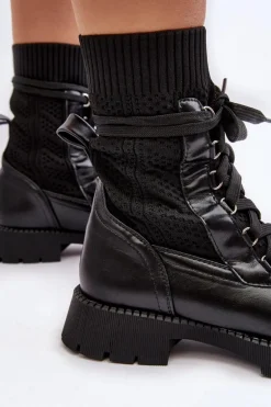 Damskie Botki Ze Skarpetą Sznurowane Czarne Gentiana