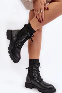 Damskie Botki Ze Skarpetą Sznurowane Czarne Gentiana
