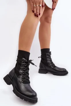 Damskie Botki Ze Skarpetą Sznurowane Czarne Gentiana