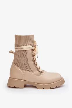 Damskie Botki Ze Skarpetą Sznurowane Jasnobeżowe Gentiana