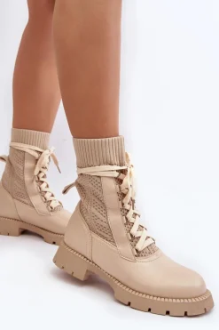 Damskie Botki Ze Skarpetą Sznurowane Jasnobeżowe Gentiana