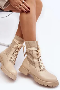 Damskie Botki Ze Skarpetą Sznurowane Jasnobeżowe Gentiana