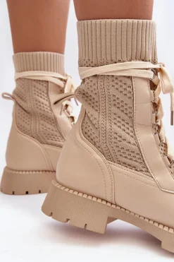Damskie Botki Ze Skarpetą Sznurowane Jasnobeżowe Gentiana