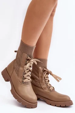 Damskie Botki Ze Skarpetą Sznurowane Brązowe Gentiana