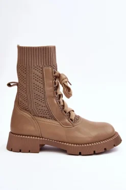 Damskie Botki Ze Skarpetą Sznurowane Brązowe Gentiana