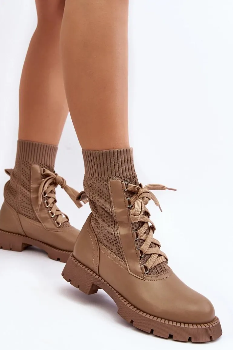 Damskie Botki Ze Skarpetą Sznurowane Brązowe Gentiana