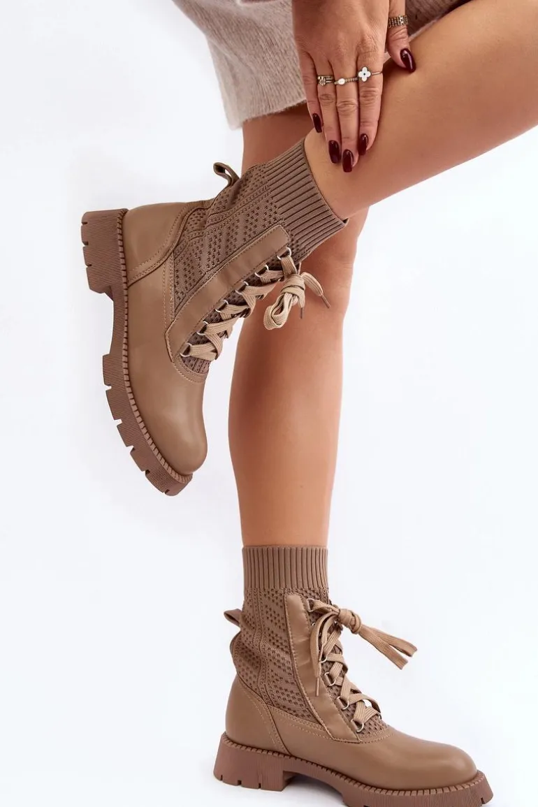 Damskie Botki Ze Skarpetą Sznurowane Brązowe Gentiana