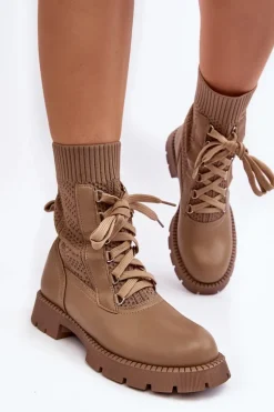 Damskie Botki Ze Skarpetą Sznurowane Brązowe Gentiana