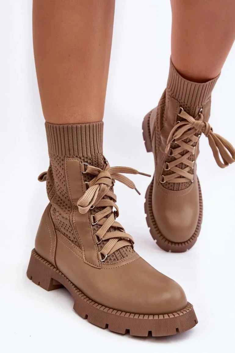 Damskie Botki Ze Skarpetą Sznurowane Brązowe Gentiana