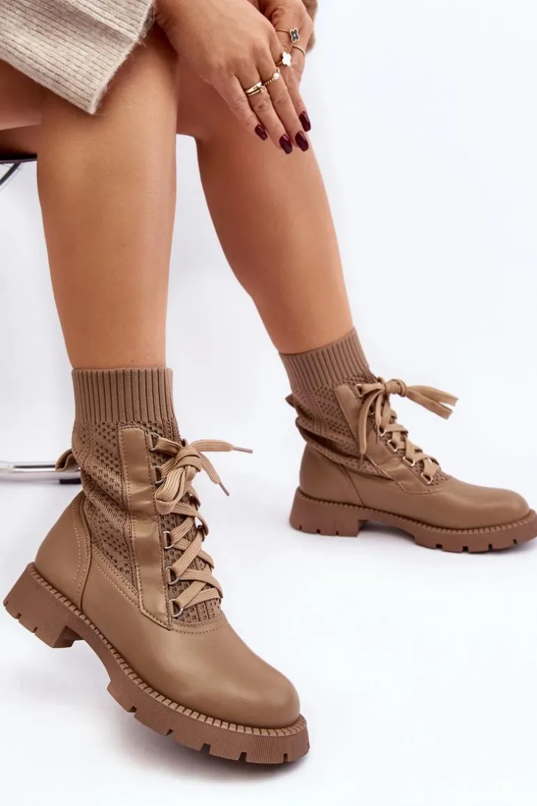 Damskie Botki Ze Skarpetą Sznurowane Brązowe Gentiana