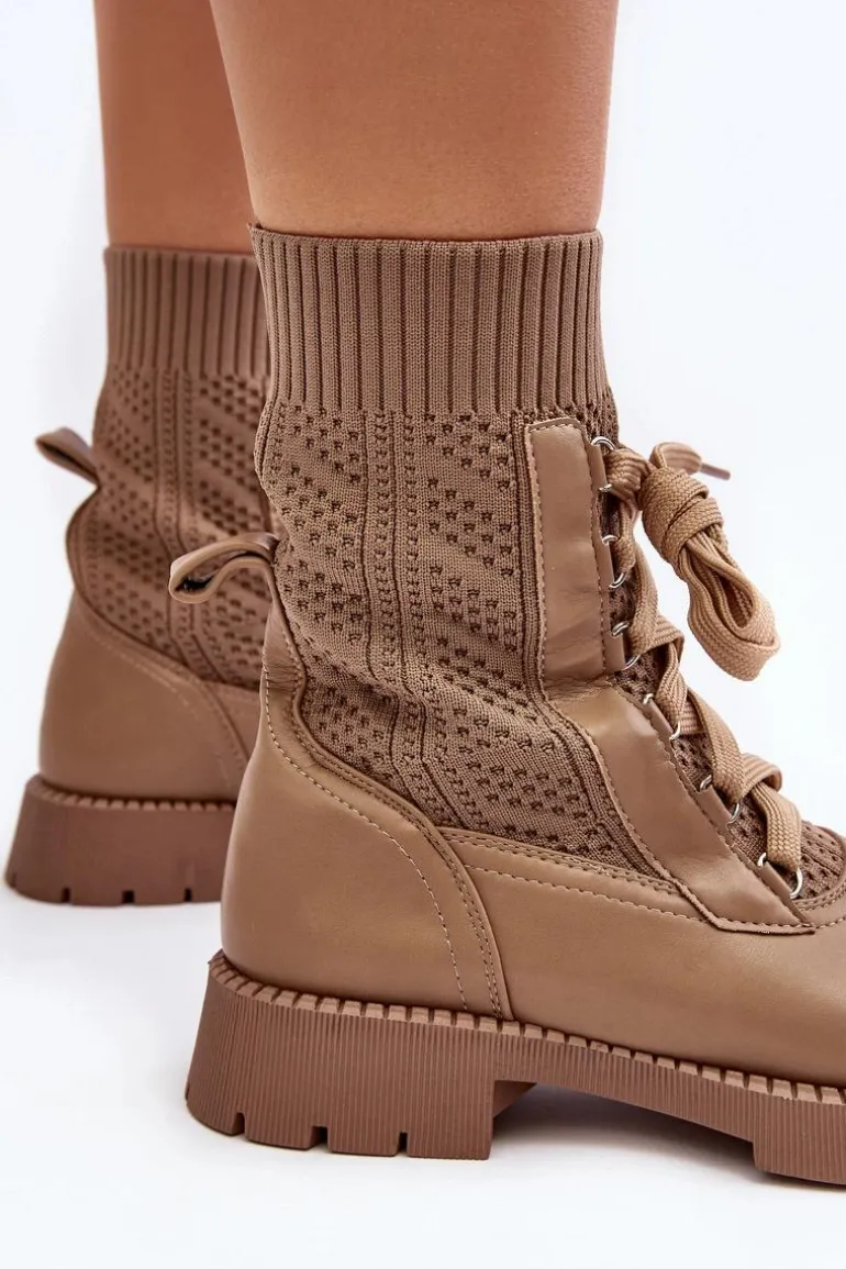 Damskie Botki Ze Skarpetą Sznurowane Brązowe Gentiana