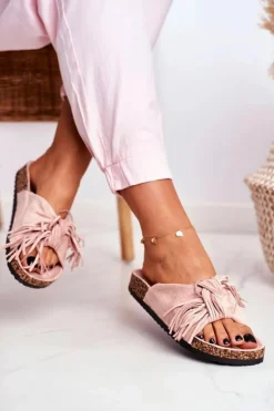 Damskie Brudny Róż Klapki Na Korku Frędzle Marina