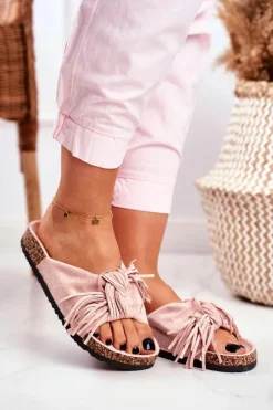 Damskie Brudny Róż Klapki Na Korku Frędzle Marina