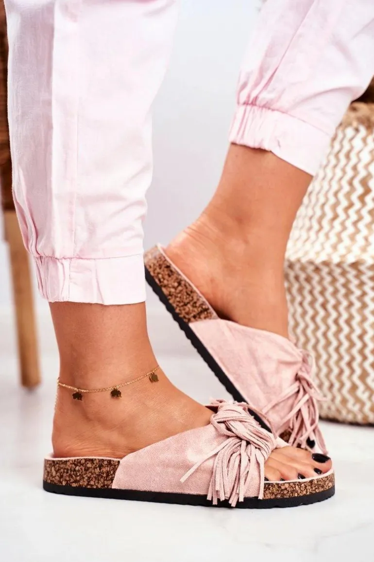 Damskie Brudny Róż Klapki Na Korku Frędzle Marina