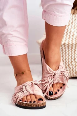 Damskie Brudny Róż Klapki Na Korku Frędzle Marina