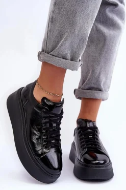 Damskie Buty Sportowe Lakierowane na Platformie Czarne Lemar 10150