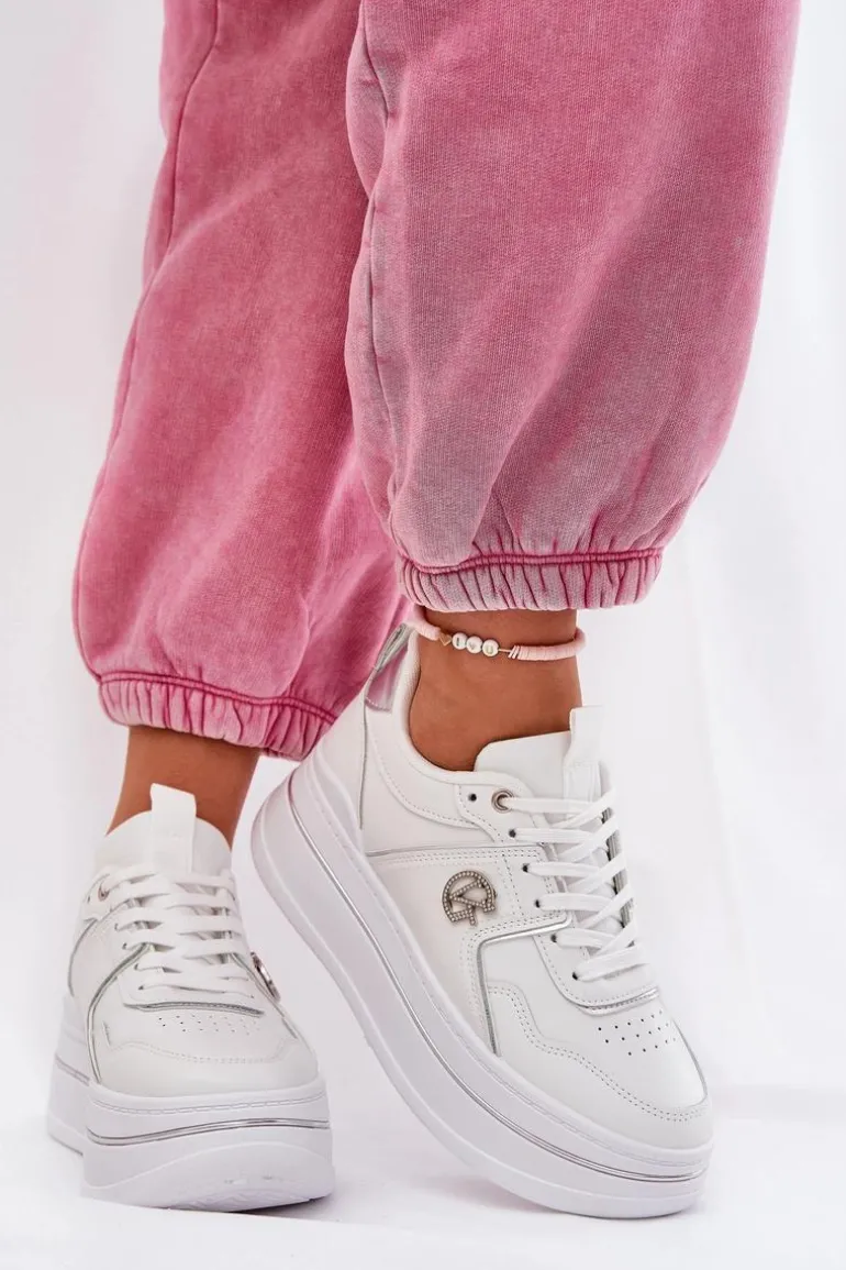 Damskie Buty Sportowe Na Platformie Białe Caldeno