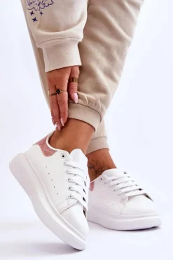 Damskie Buty Sportowe Na Platformie Brokatowe Biało-Różowe Eliso