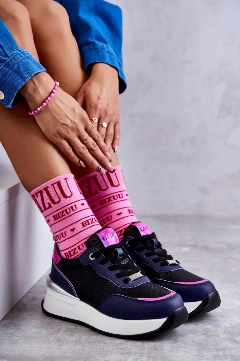 Damskie Buty Sportowe Na Koturnie GOE KK2N4081 Czarno-Granatowe