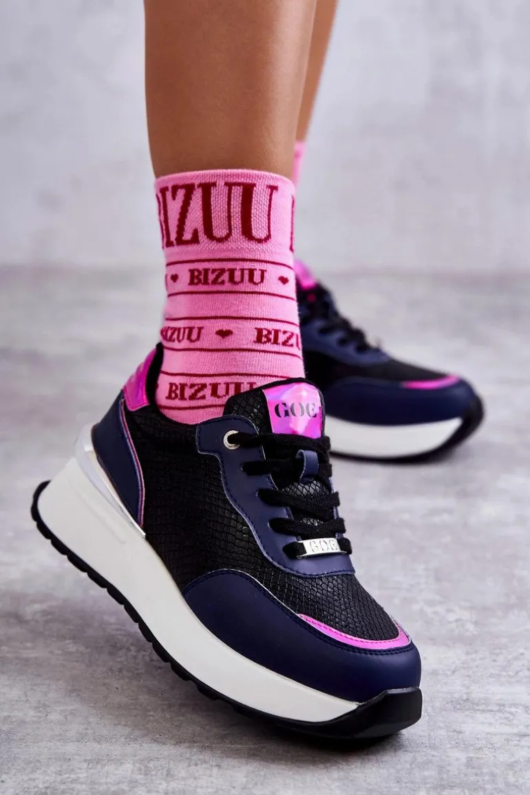 Damskie Buty Sportowe Na Koturnie GOE KK2N4081 Czarno-Granatowe