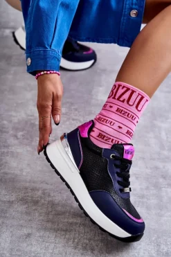 Damskie Buty Sportowe Na Koturnie GOE KK2N4081 Czarno-Granatowe