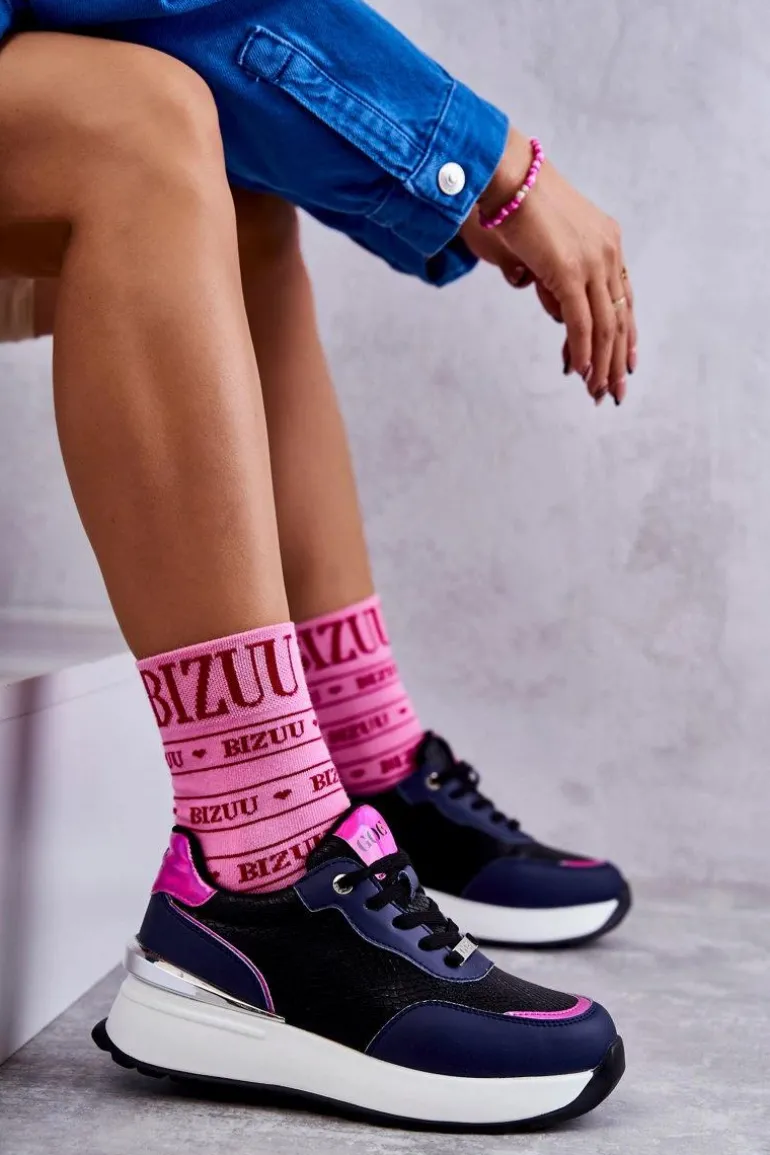 Damskie Buty Sportowe Na Koturnie GOE KK2N4081 Czarno-Granatowe