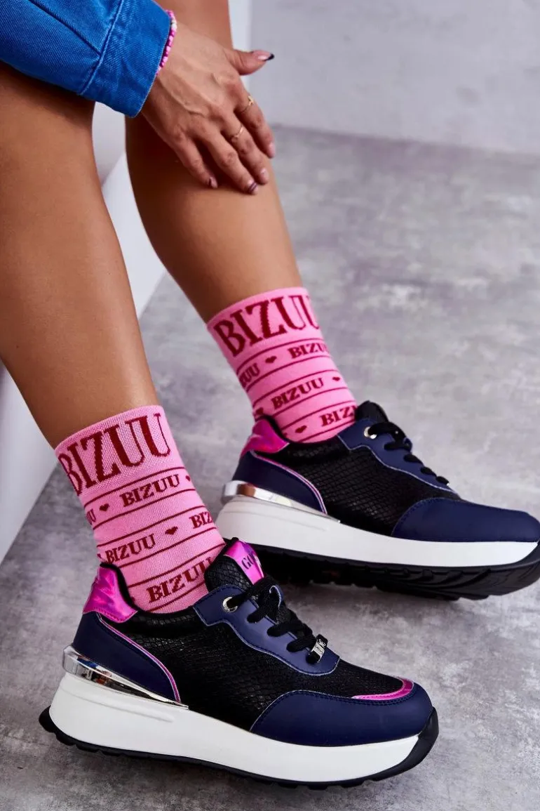 Damskie Buty Sportowe Na Koturnie GOE KK2N4081 Czarno-Granatowe