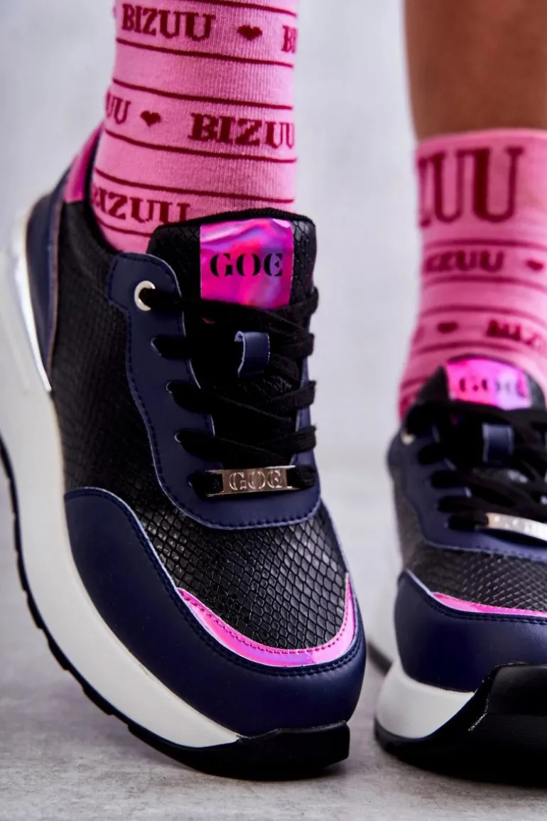 Damskie Buty Sportowe Na Koturnie GOE KK2N4081 Czarno-Granatowe