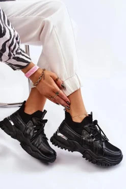 Damskie Buty Sportowe Skarpetkowe Wsuwane Czarne Berna