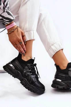 Damskie Buty Sportowe Skarpetkowe Wsuwane Czarne Berna