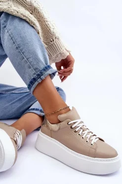 Damskie Buty Sportowe Skórzane na Platformie Beżowe Lemar 10150