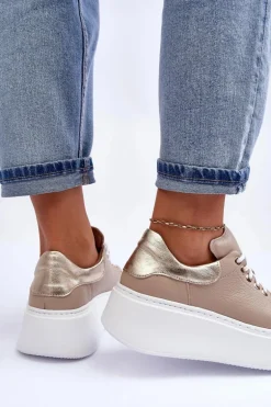 Damskie Buty Sportowe Skórzane na Platformie Beżowe Lemar 10150