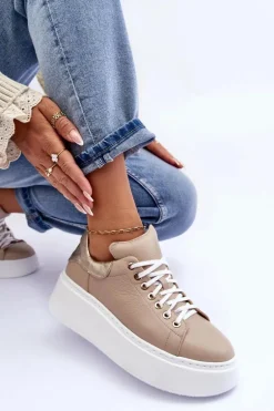 Damskie Buty Sportowe Skórzane na Platformie Beżowe Lemar 10150