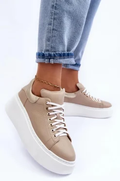 Damskie Buty Sportowe Skórzane na Platformie Beżowe Lemar 10150