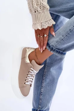 Damskie Buty Sportowe Skórzane na Platformie Beżowe Lemar 10150