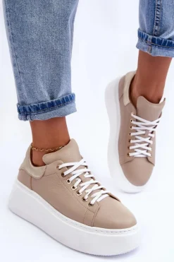 Damskie Buty Sportowe Skórzane na Platformie Beżowe Lemar 10150