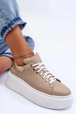 Damskie Buty Sportowe Skórzane na Platformie Beżowe Lemar 10150
