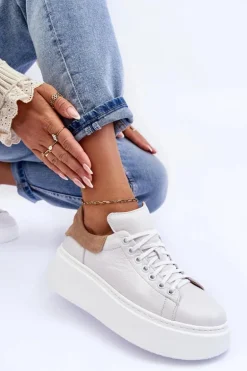 Damskie Buty Sportowe Skórzane na Platformie Białe Lemar 10150